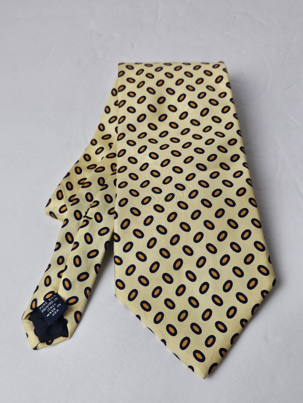 Brooks Vrothers Makers Pure Silk Necktie Tie  Navy & Orange Ovals Preppy Work